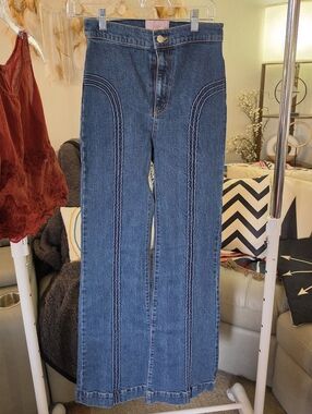 REVICE Dark Blue High-Rise Flare Jeans with Decorative Seams